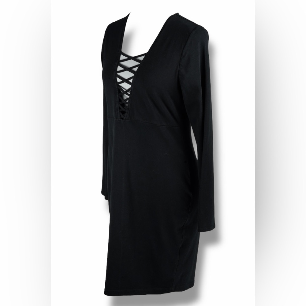 Express Women’s Black Deep V-Neck Long Sleeve Classic Bodycon Dress – Size L - Picture 4 of 17